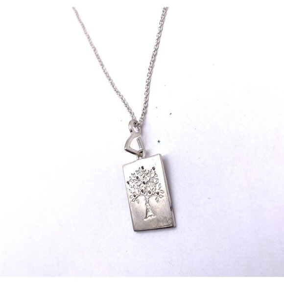925 Sterling Silver Engraved Rhinestone Tree Rectangle Pendant Chain Necklace 17 - Picture 2 of 4